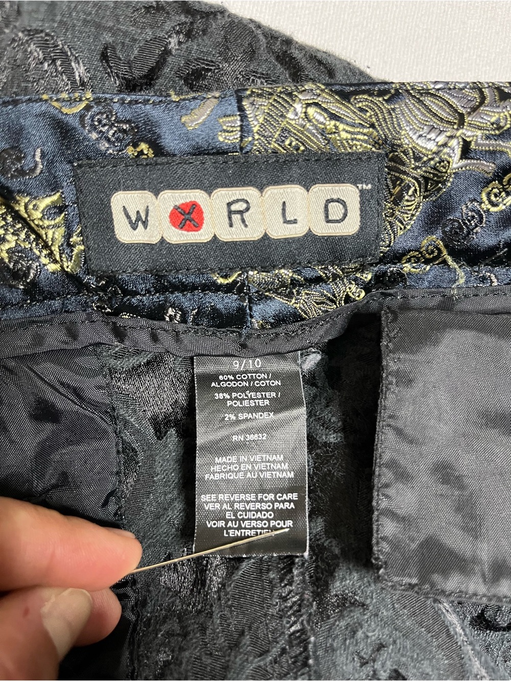 90s World X Black Brocade Damask Low Rise Flare Pants Size 9/10. Y2K - Picture 5 of 6